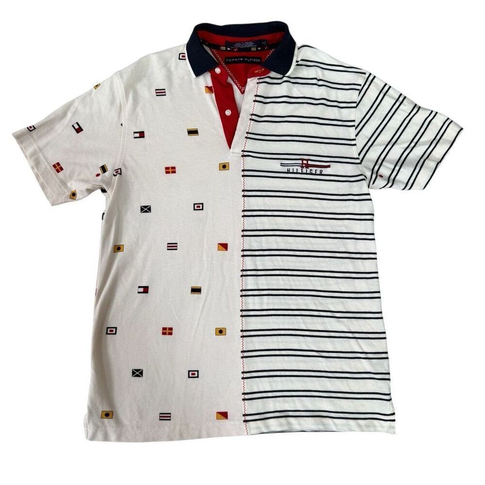 Tommy Hilfiger vintage men’s 100% cotton polo shirt striped nautical flags sz S